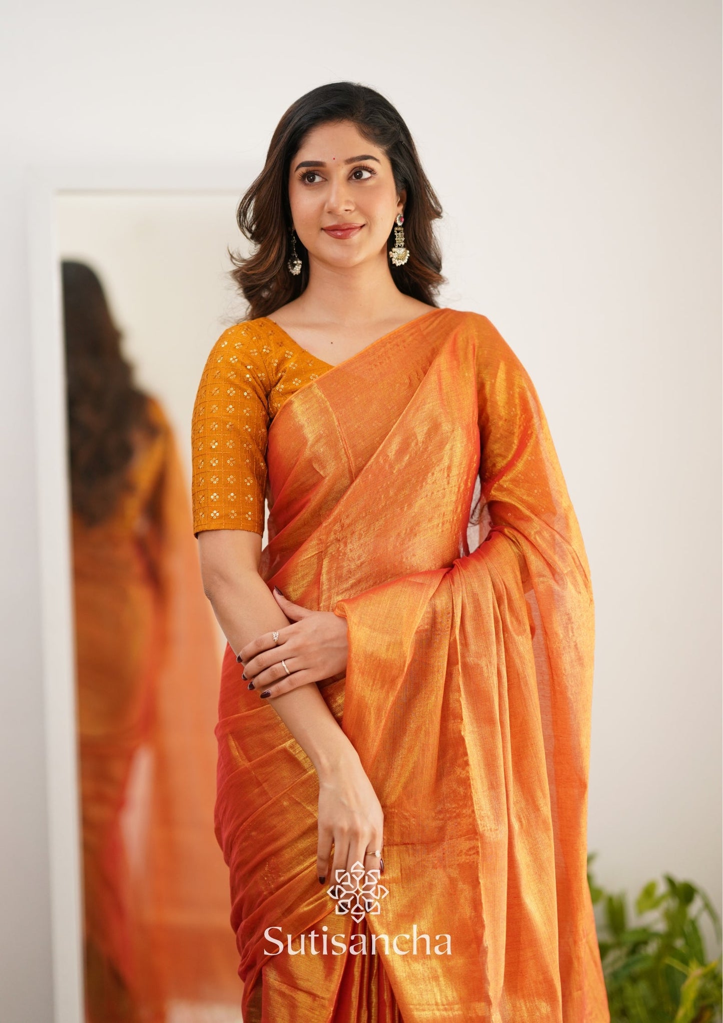 Dhiyona SS Sutisancha Orange Handloom Tissue Saree With Designer Blouse