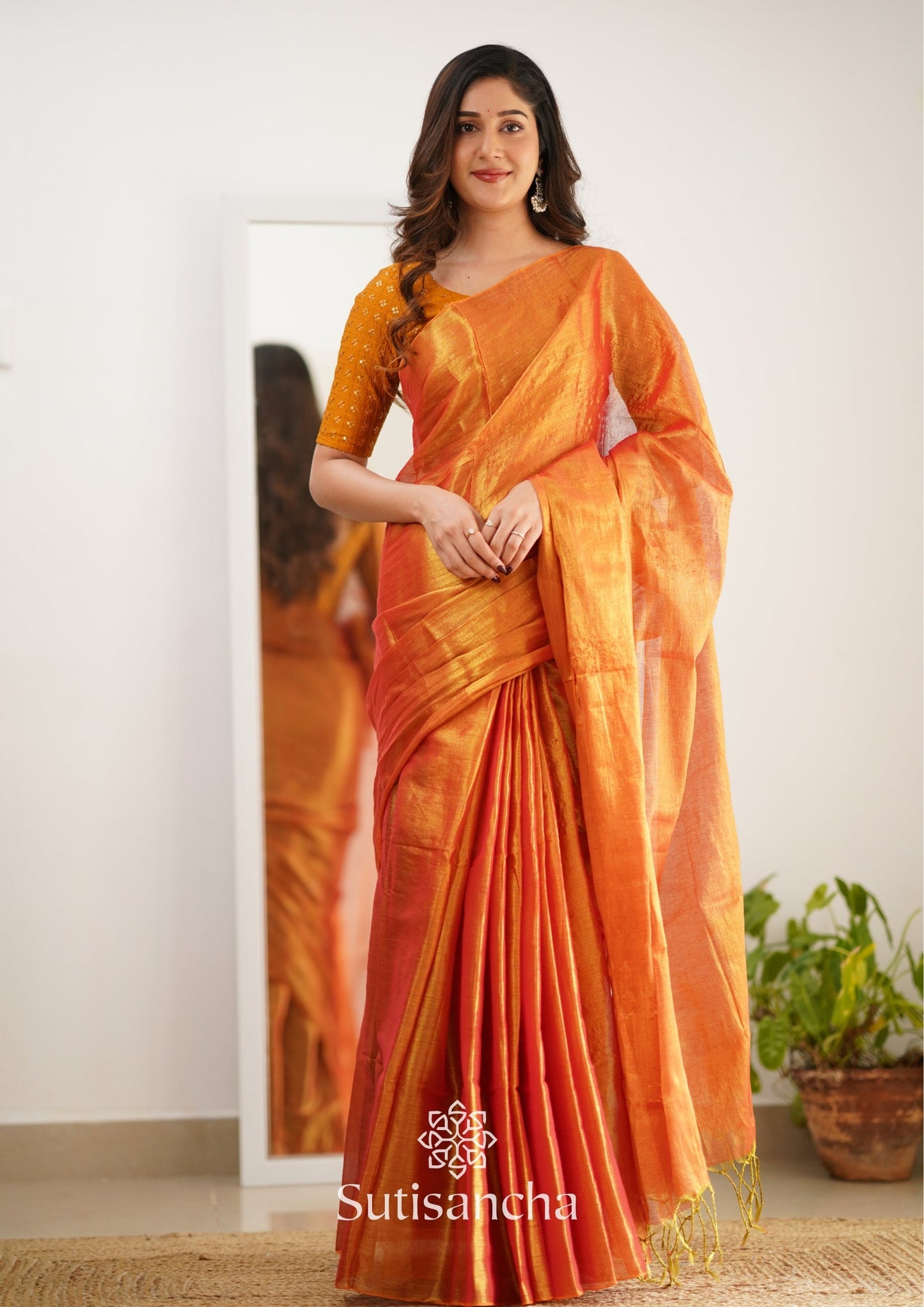 Dhiyona SS Sutisancha Orange Handloom Tissue Saree With Designer Blouse