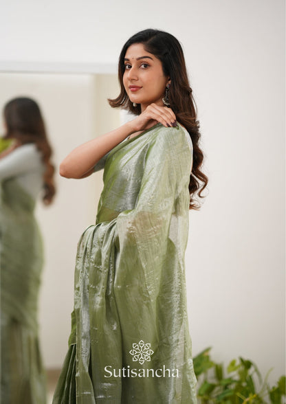 Dhiyona SS Sutisancha Olive Green Handloom Tissue Saree With Designer Blouse