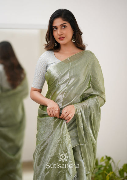 Dhiyona SS Sutisancha Olive Green Handloom Tissue Saree With Designer Blouse