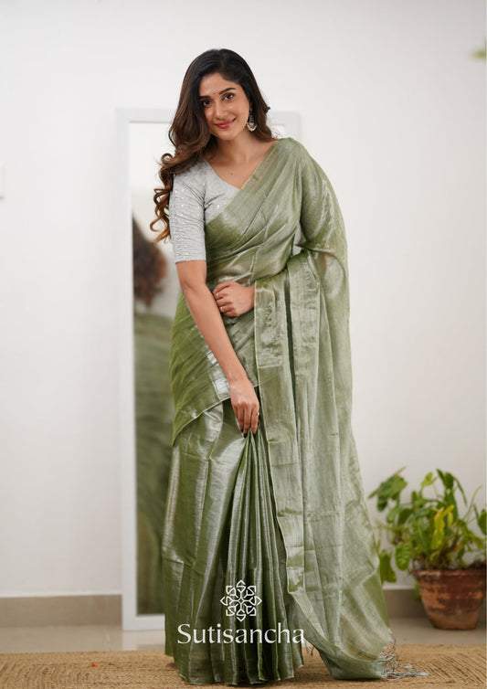 Dhiyona SS Sutisancha Olive Green Handloom Tissue Saree With Designer Blouse