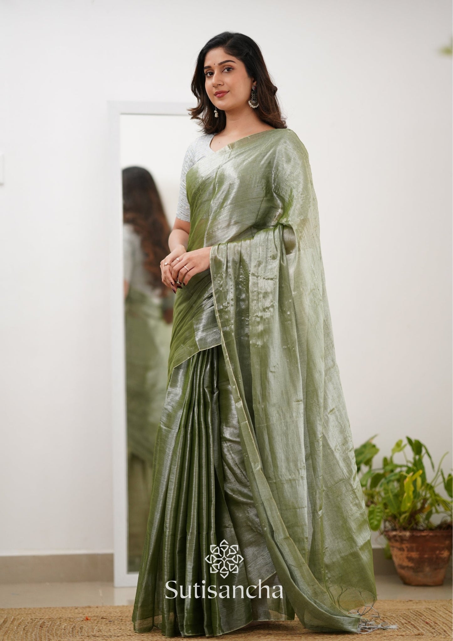 Dhiyona SS Sutisancha Olive Green Handloom Tissue Saree With Designer Blouse