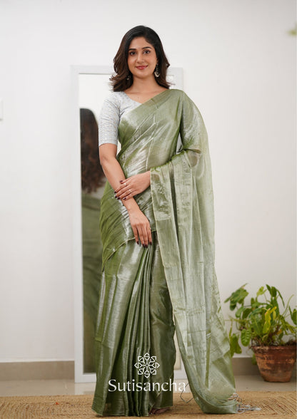 Dhiyona SS Sutisancha Olive Green Handloom Tissue Saree With Designer Blouse