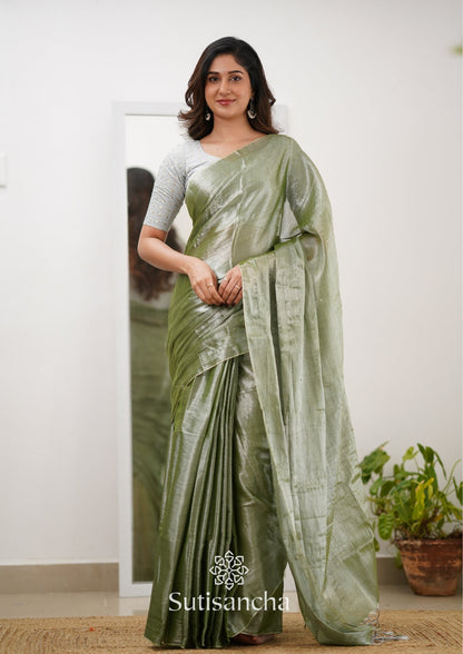 Dhiyona SS Sutisancha Olive Green Handloom Tissue Saree With Designer Blouse