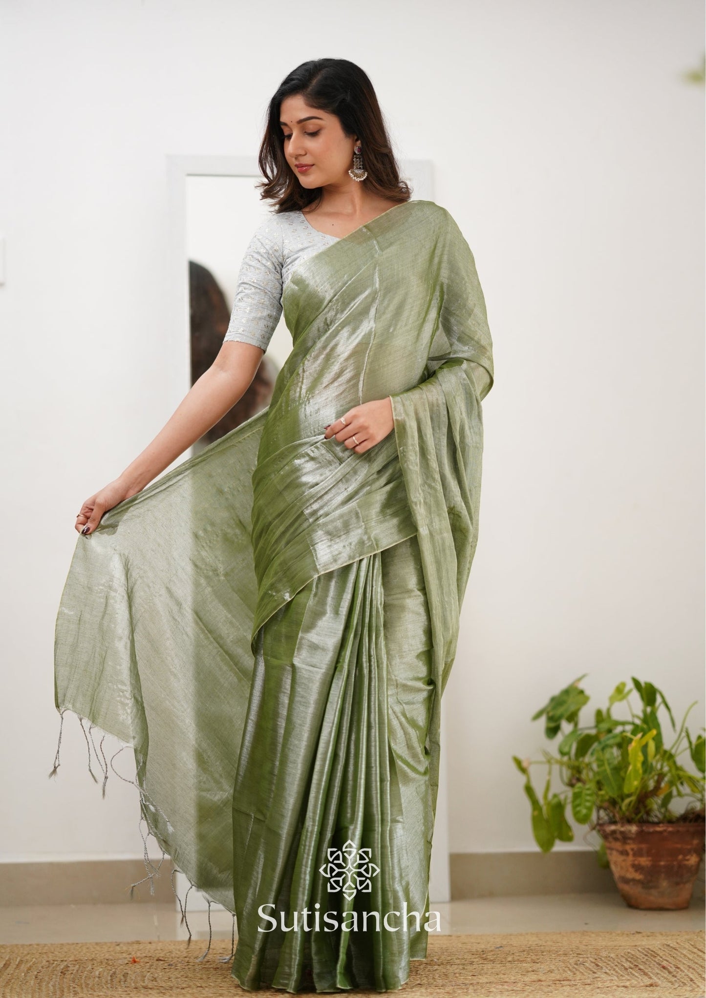 Dhiyona SS Sutisancha Olive Green Handloom Tissue Saree With Designer Blouse