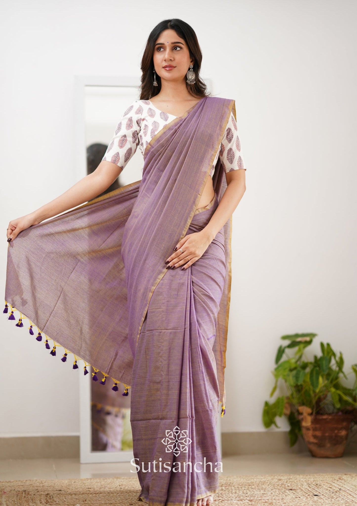 Dhiyona SS Sutisancha Onion Handloom Cotton Saree With Designer Blouse