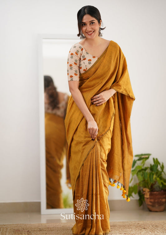 Dhiyona SS Sutisancha Mustard Handloom Cotton Saree With Designer Blouse