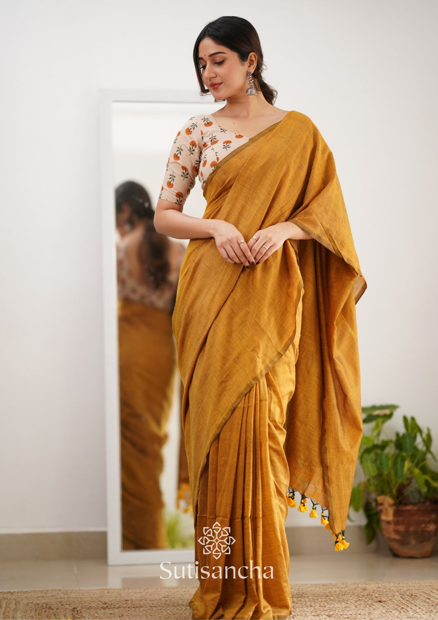 Dhiyona SS Sutisancha Mustard Handloom Cotton Saree With Designer Blouse