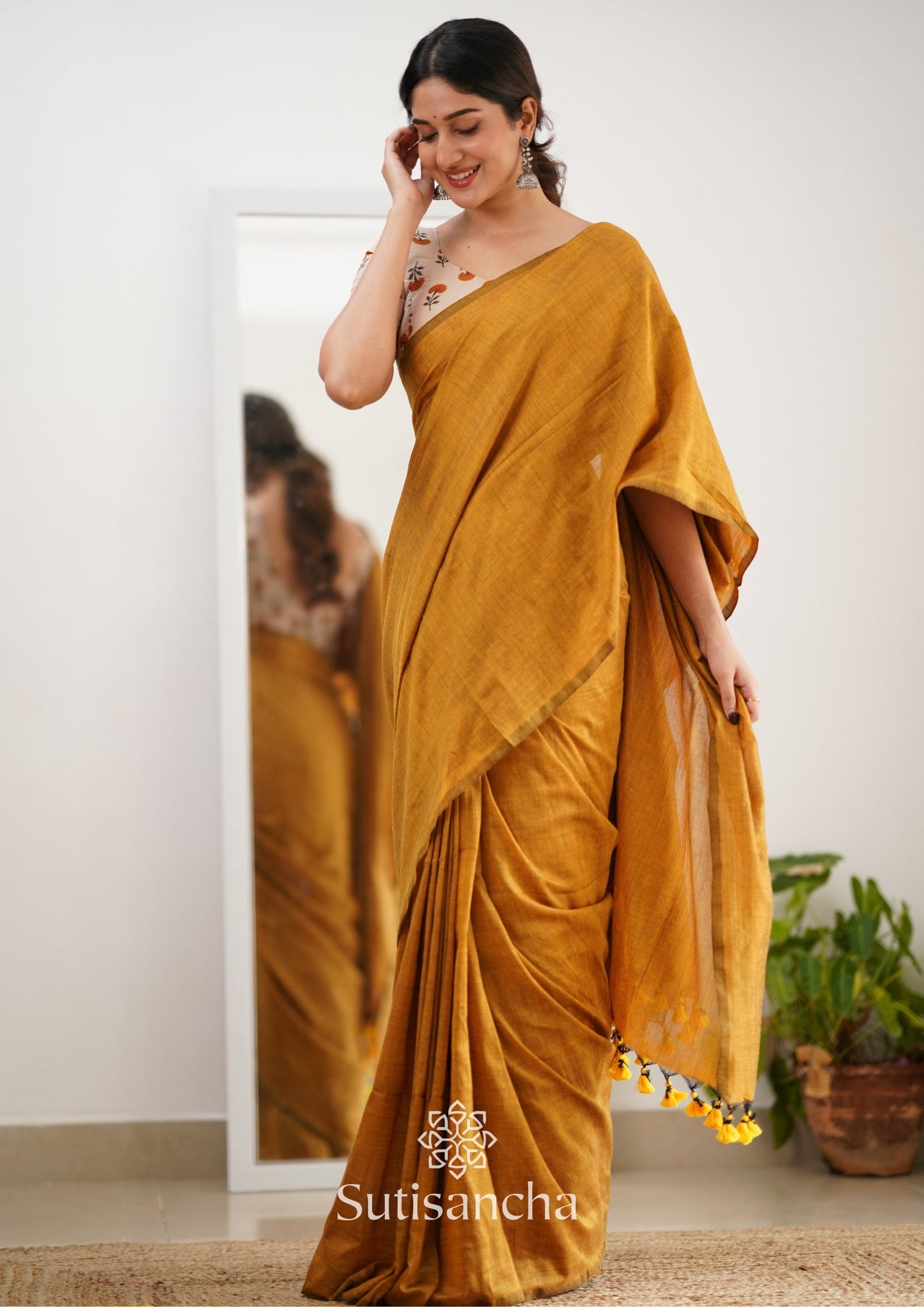 Dhiyona SS Sutisancha Mustard Handloom Cotton Saree With Designer Blouse