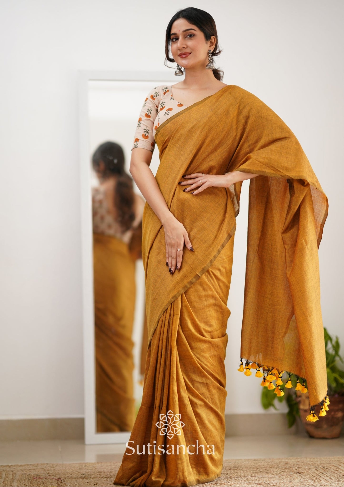 Dhiyona SS Sutisancha Mustard Handloom Cotton Saree With Designer Blouse