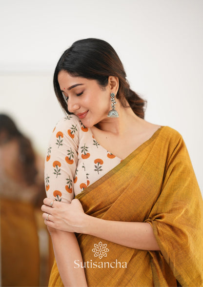 Dhiyona SS Sutisancha Mustard Handloom Cotton Saree With Designer Blouse