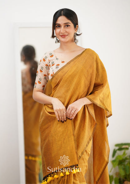 Dhiyona SS Sutisancha Mustard Handloom Cotton Saree With Designer Blouse
