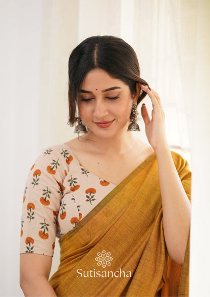 Dhiyona SS Sutisancha Mustard Handloom Cotton Saree With Designer Blouse