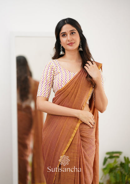 Dhiyona SS Sutisancha Rust Orange Handloom Cotton Saree With Designer Blouse