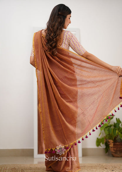 Dhiyona SS Sutisancha Rust Orange Handloom Cotton Saree With Designer Blouse