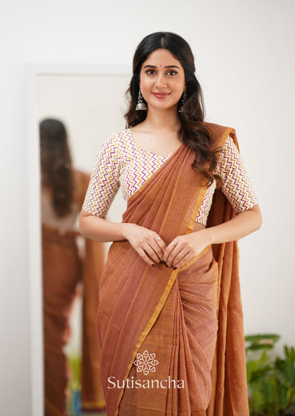 Dhiyona SS Sutisancha Rust Orange Handloom Cotton Saree With Designer Blouse