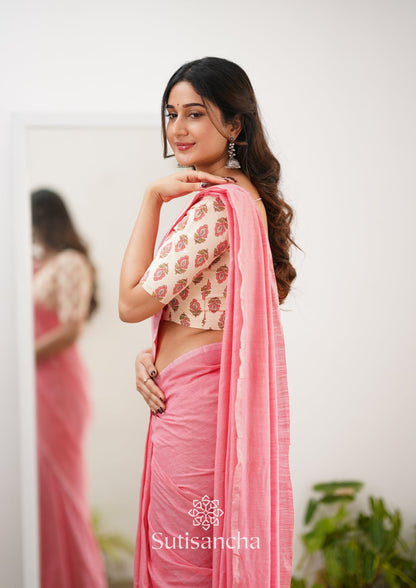 Dhiyona SS Sutisancha Peach Handloom Cotton Saree With Designer Blouse