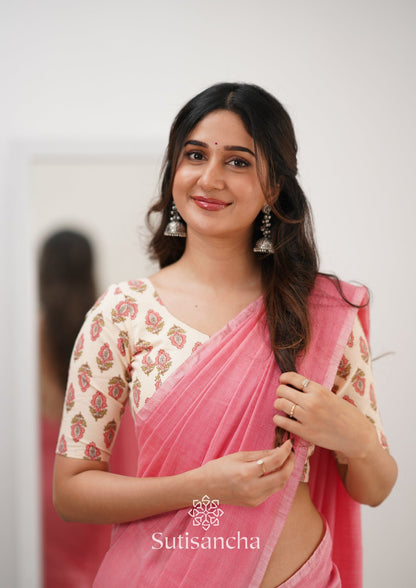 Dhiyona SS Sutisancha Peach Handloom Cotton Saree With Designer Blouse
