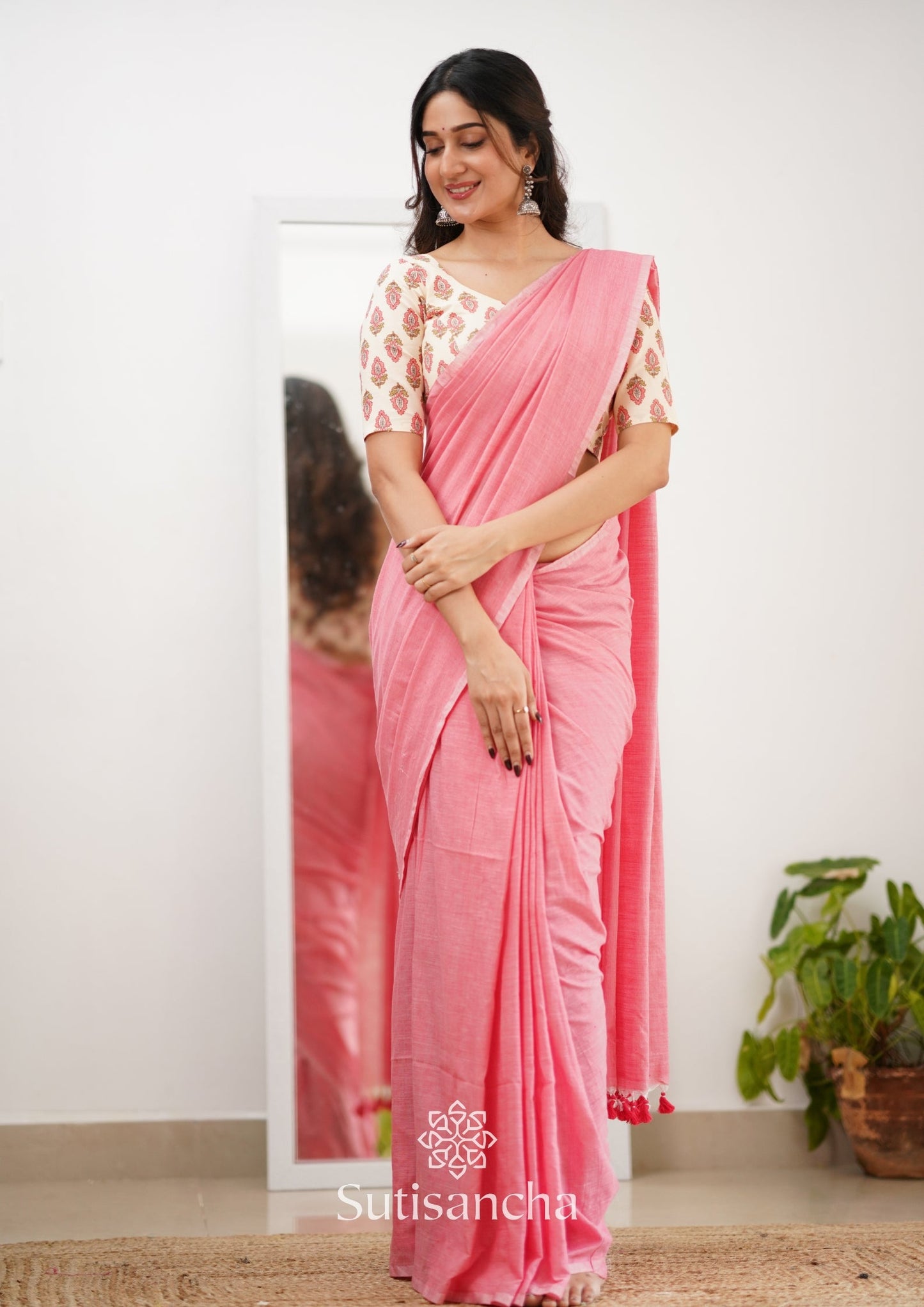 Dhiyona SS Sutisancha Peach Handloom Cotton Saree With Designer Blouse