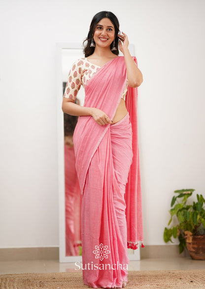 Dhiyona SS Sutisancha Peach Handloom Cotton Saree With Designer Blouse