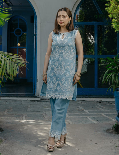Smrti mul chanderi embroidered blue suit set