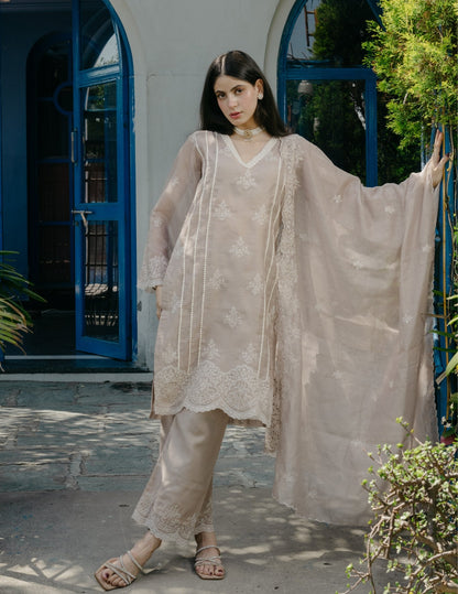 Jogan chanderi lace work embroidered beige suit set