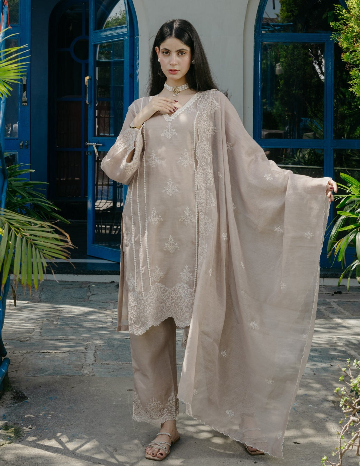 Jogan chanderi lace work embroidered beige suit set