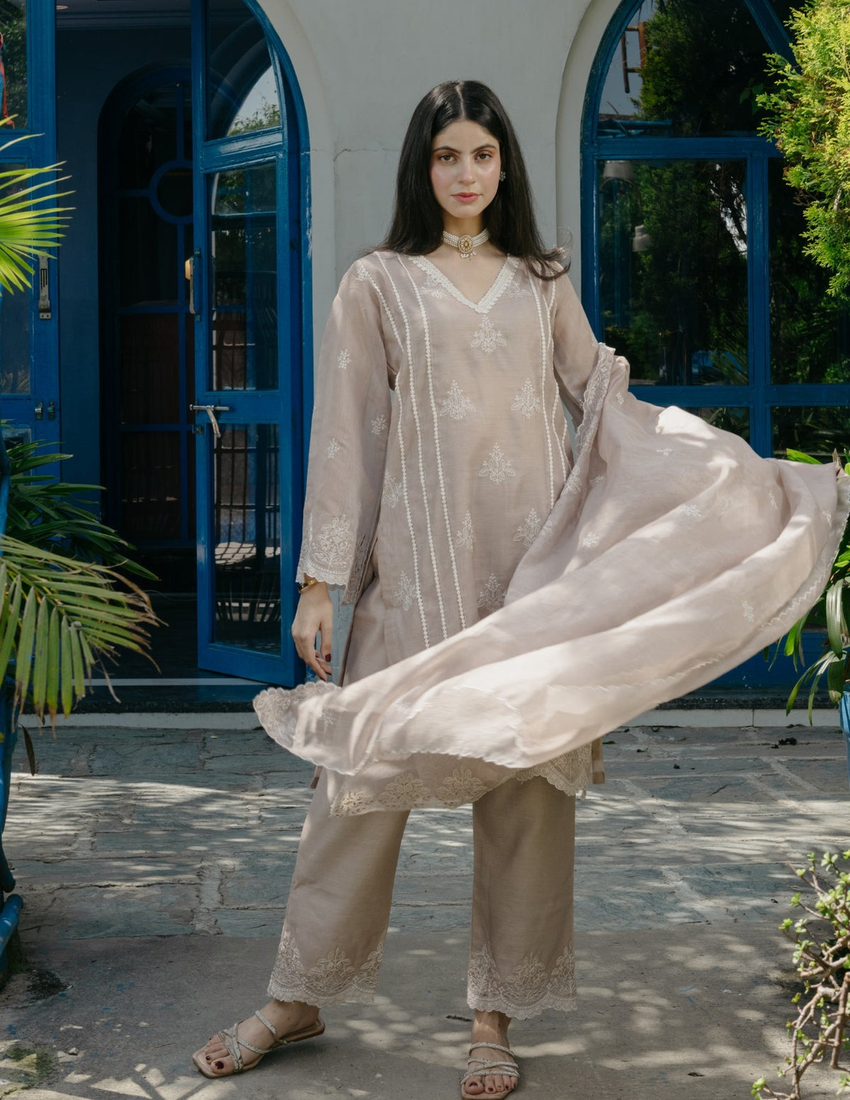 Jogan chanderi lace work embroidered beige suit set