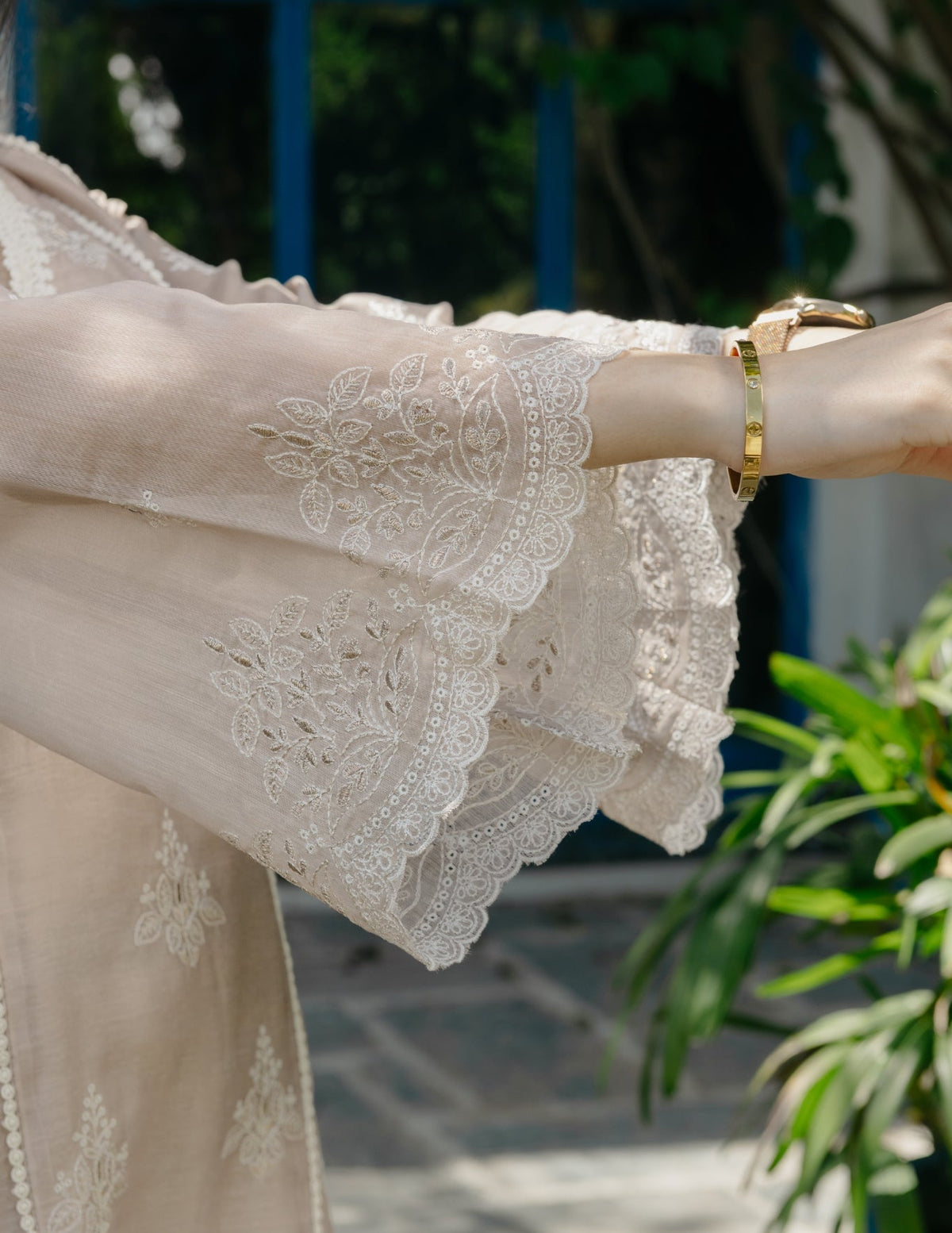 Jogan chanderi lace work embroidered beige suit set