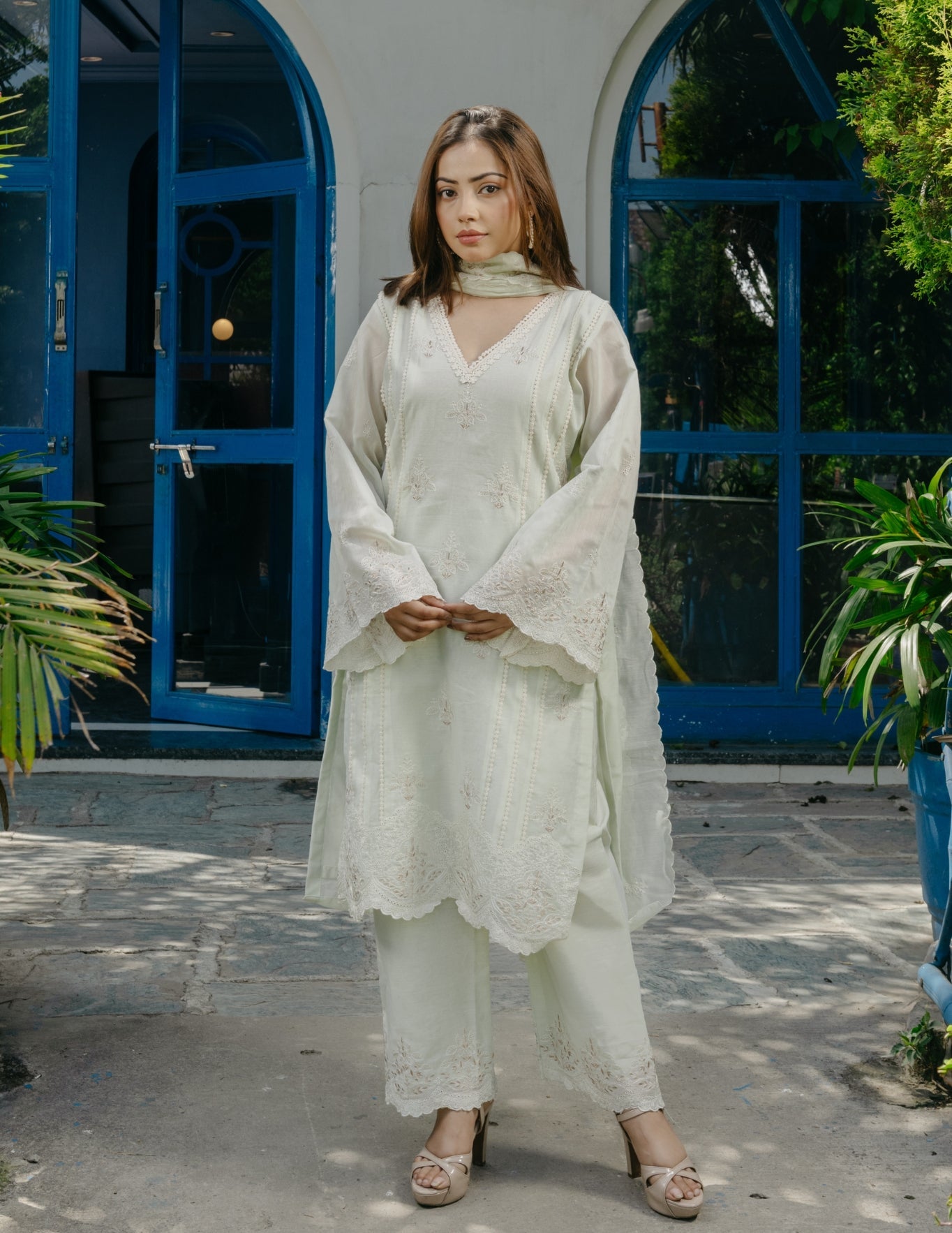 Jogan chanderi embroidered lace work light green suit set