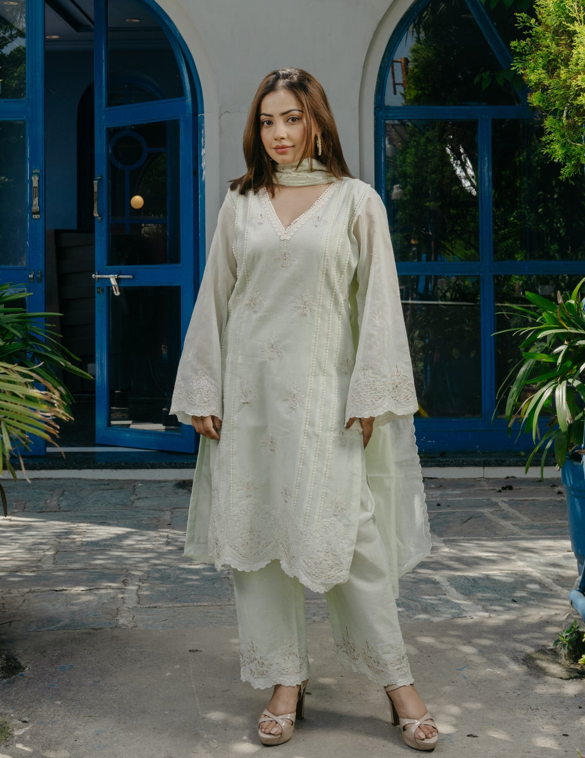 Jogan chanderi embroidered lace work light green suit set