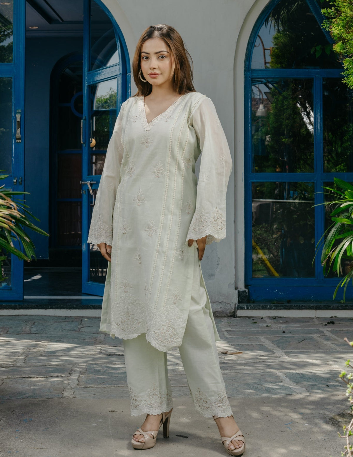 Jogan chanderi embroidered lace work light green suit set