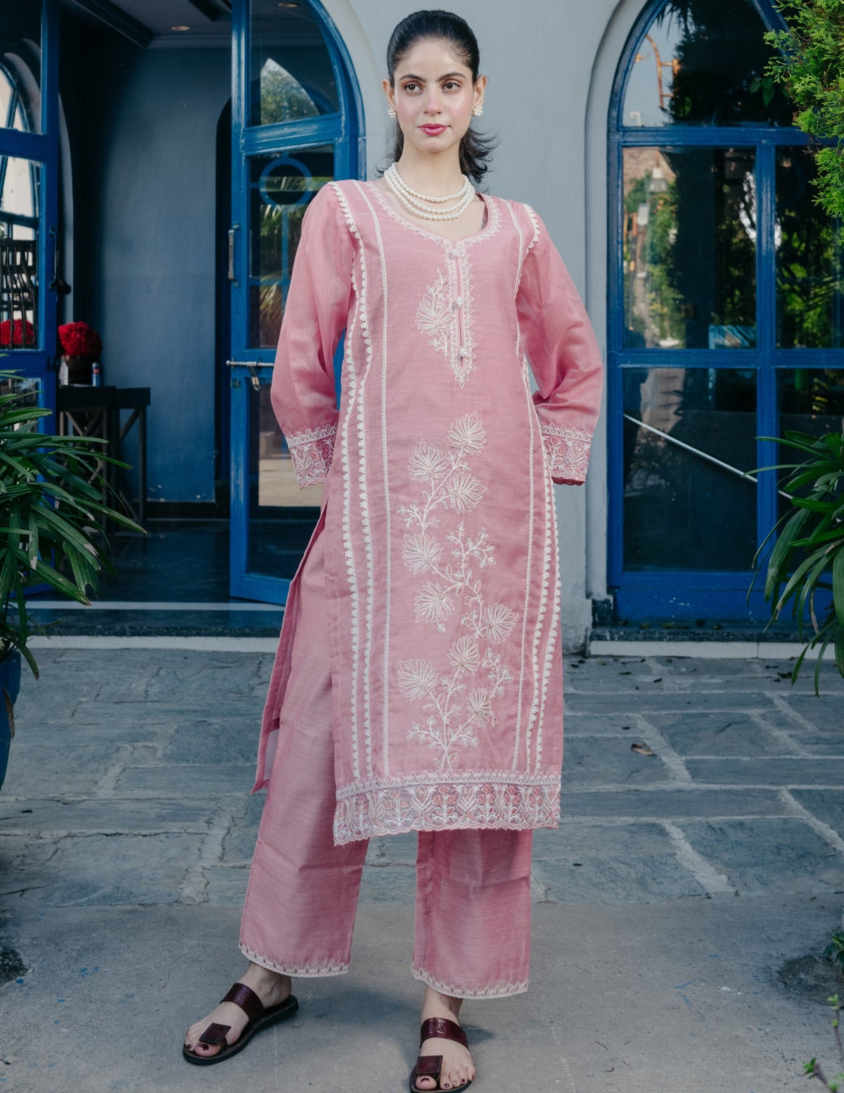 Ibadat chanderi  embroidered pink suit set