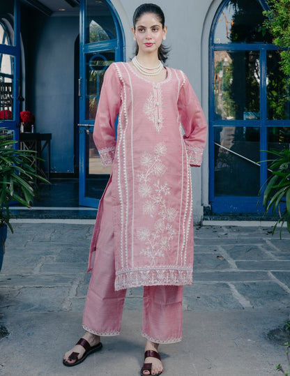 Ibadat chanderi  embroidered pink suit set