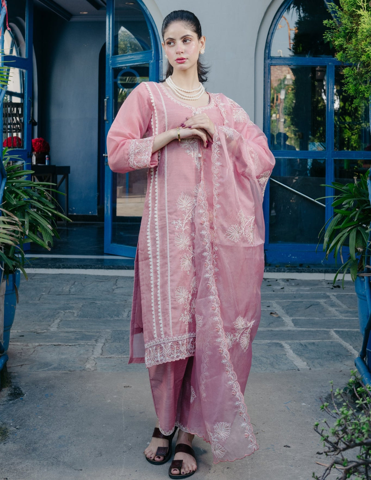 Ibadat chanderi  embroidered pink suit set