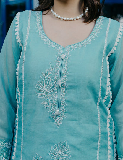 Ibadat chanderi embroidery blue suit set