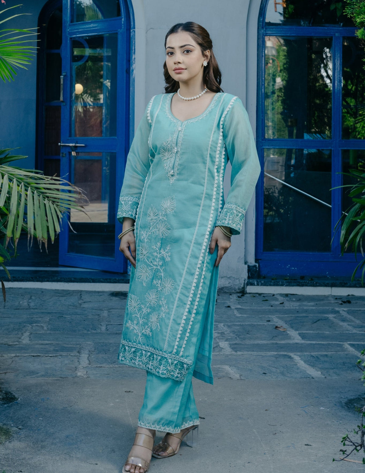 Ibadat chanderi embroidery blue suit set