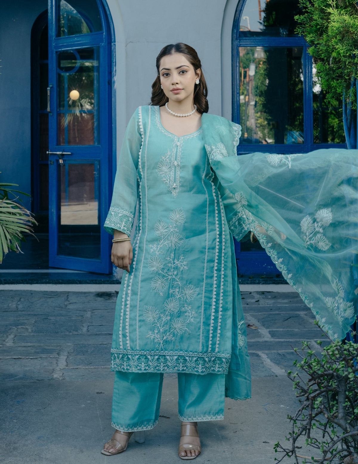 Ibadat chanderi embroidery blue suit set
