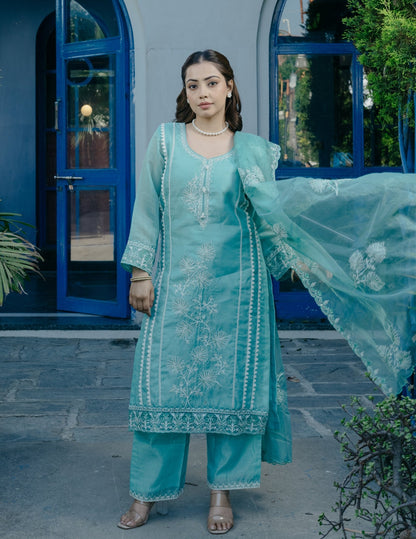 Ibadat chanderi embroidery blue suit set