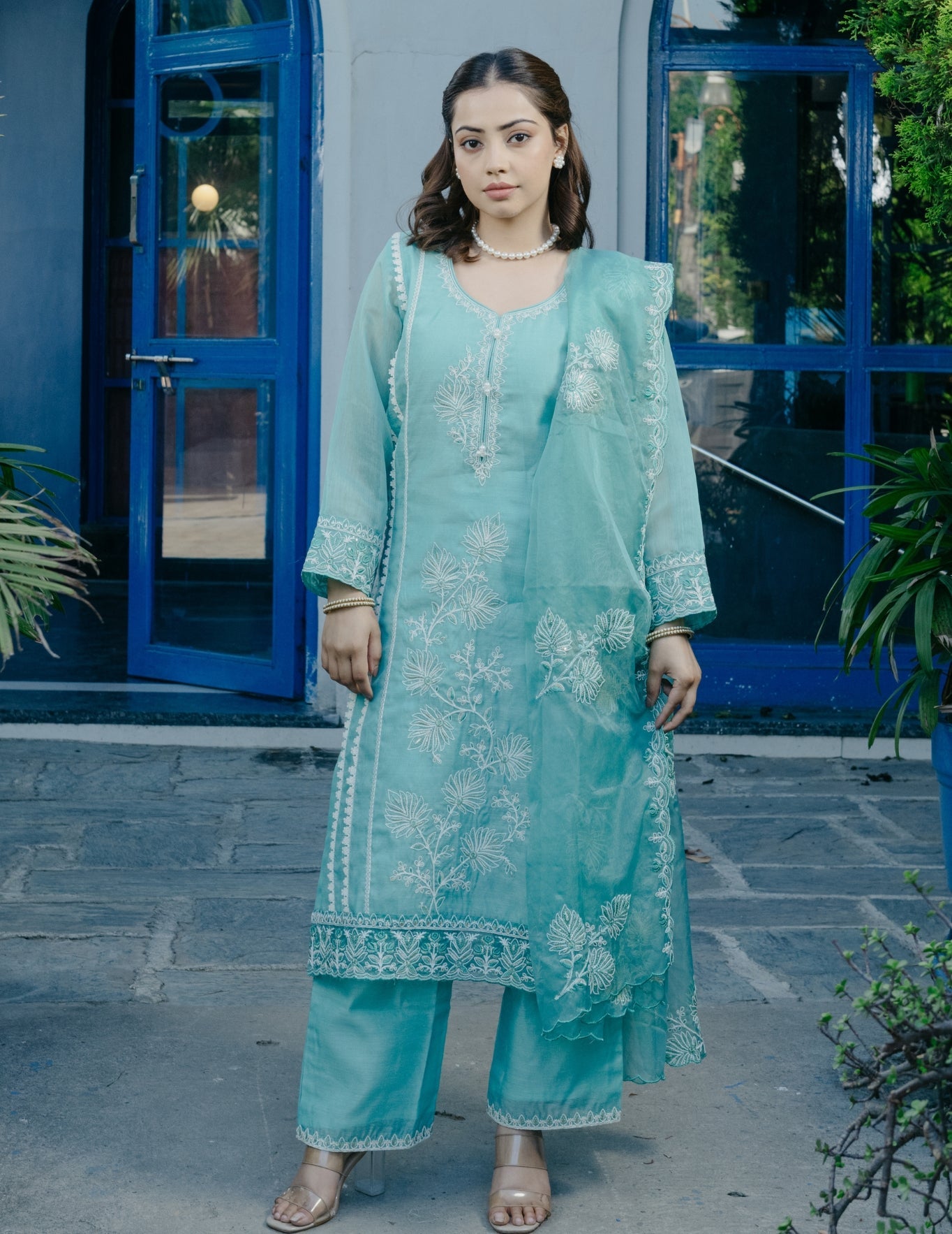 Ibadat chanderi embroidery blue suit set