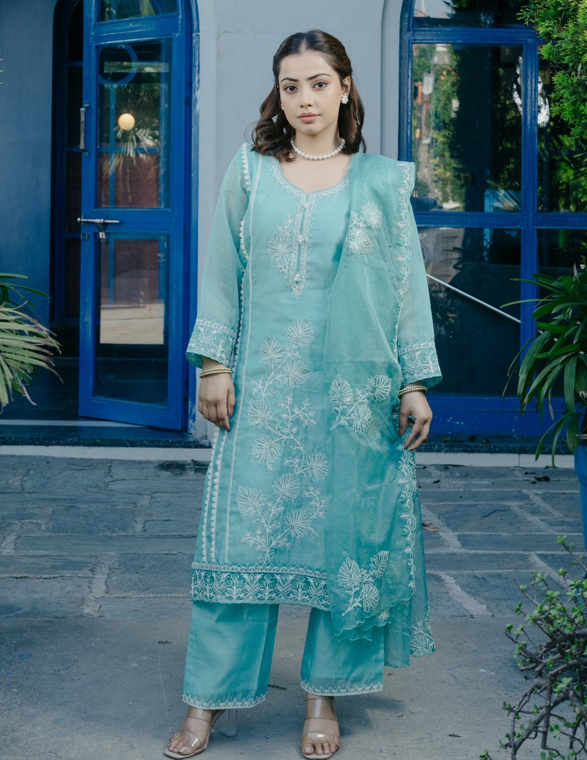 Ibadat chanderi embroidery blue suit set