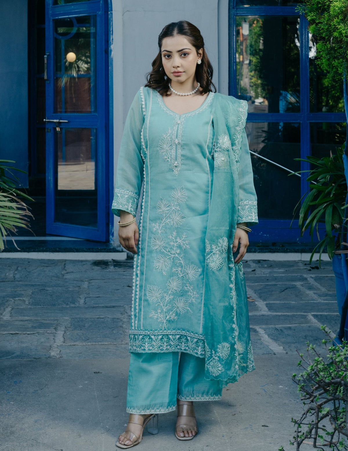 Ibadat chanderi embroidery blue suit set