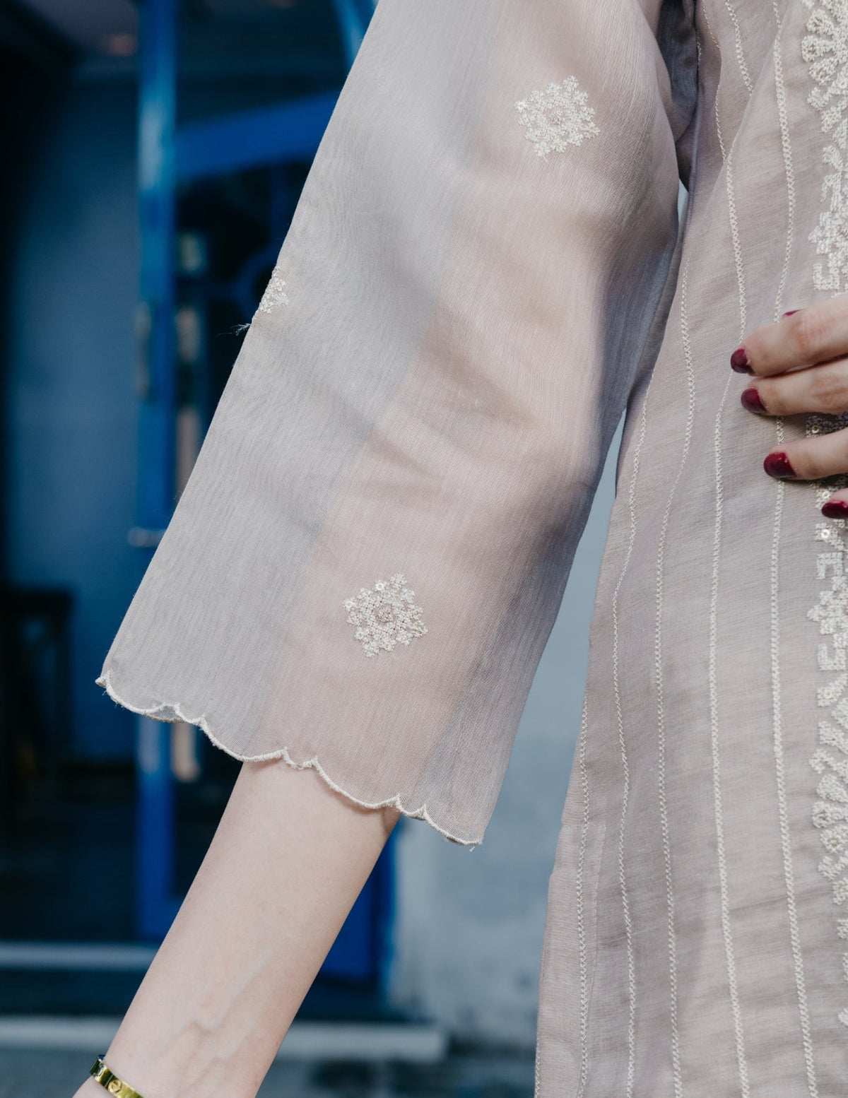 Noor mul chanderi embroidered beige suit set