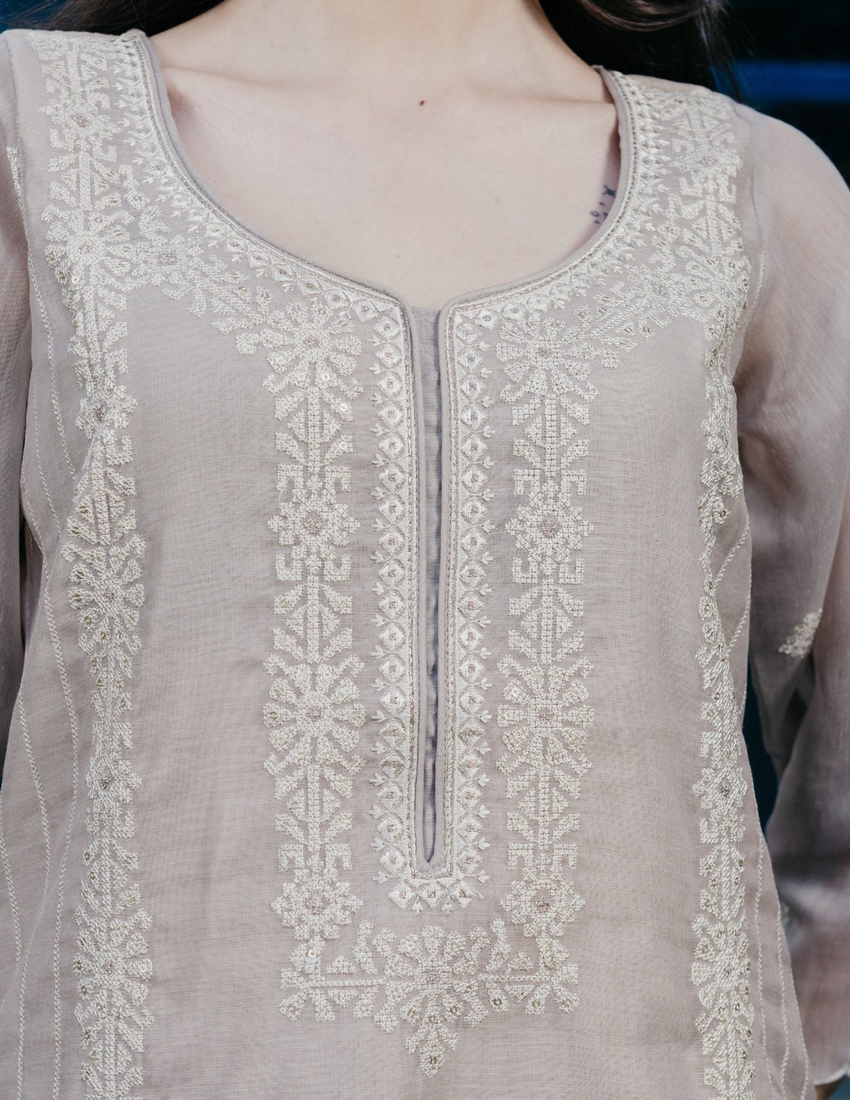 Noor mul chanderi embroidered beige suit set