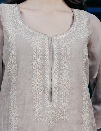 Noor mul chanderi embroidered beige suit set