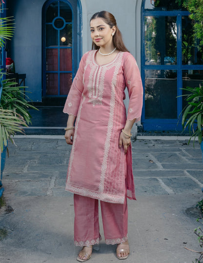 Noor mul chanderi embroidery peach suit set