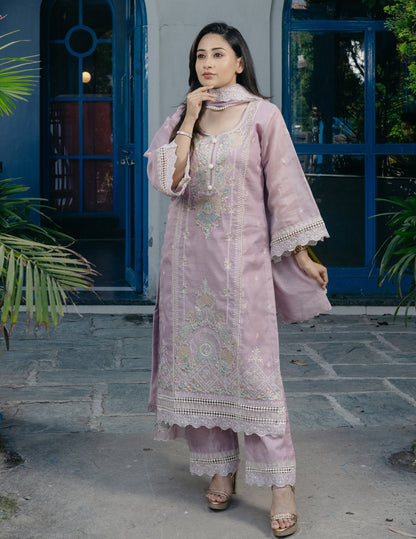 Inaya mul chanderi embroidered purple suit set