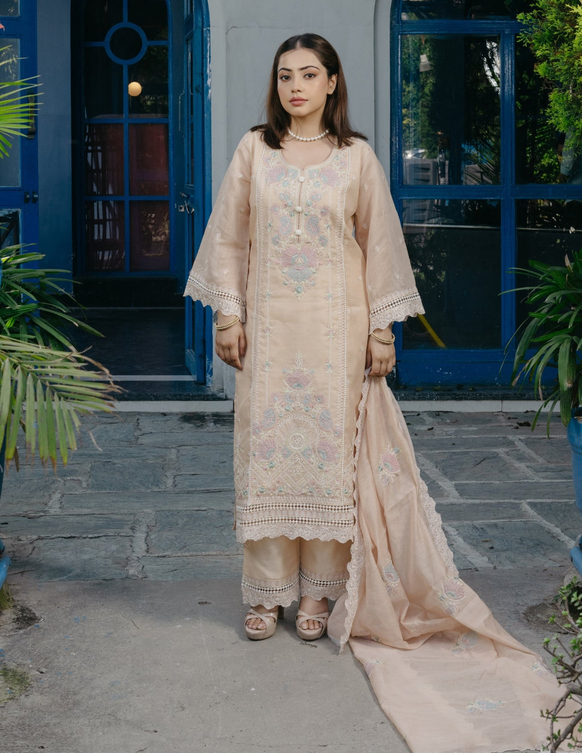 Inaya mul chanderi embroidered yellow suit set