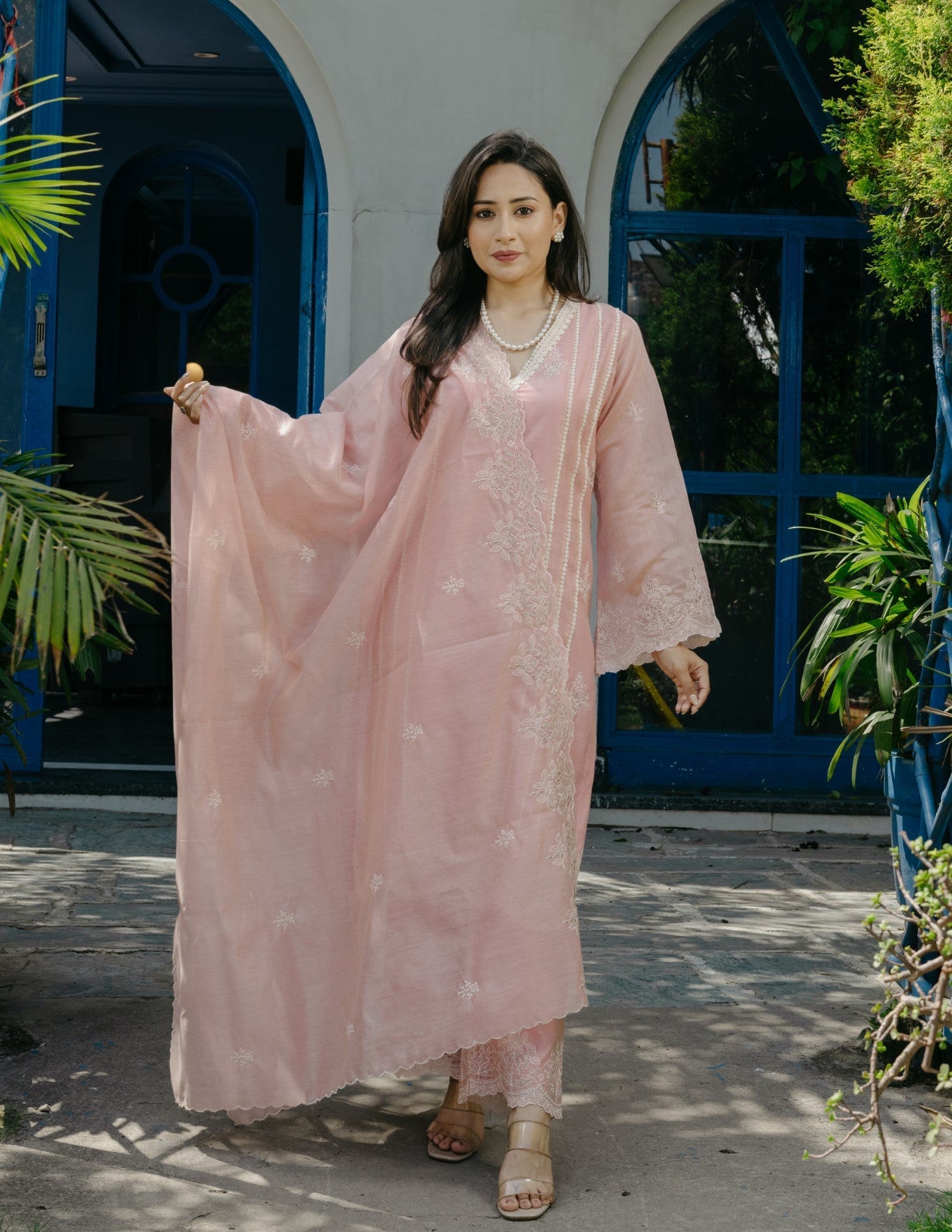 Jogan chanderi lace work  embroidered pink suit set