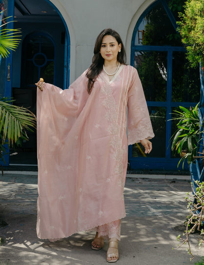 Jogan chanderi lace work  embroidered pink suit set